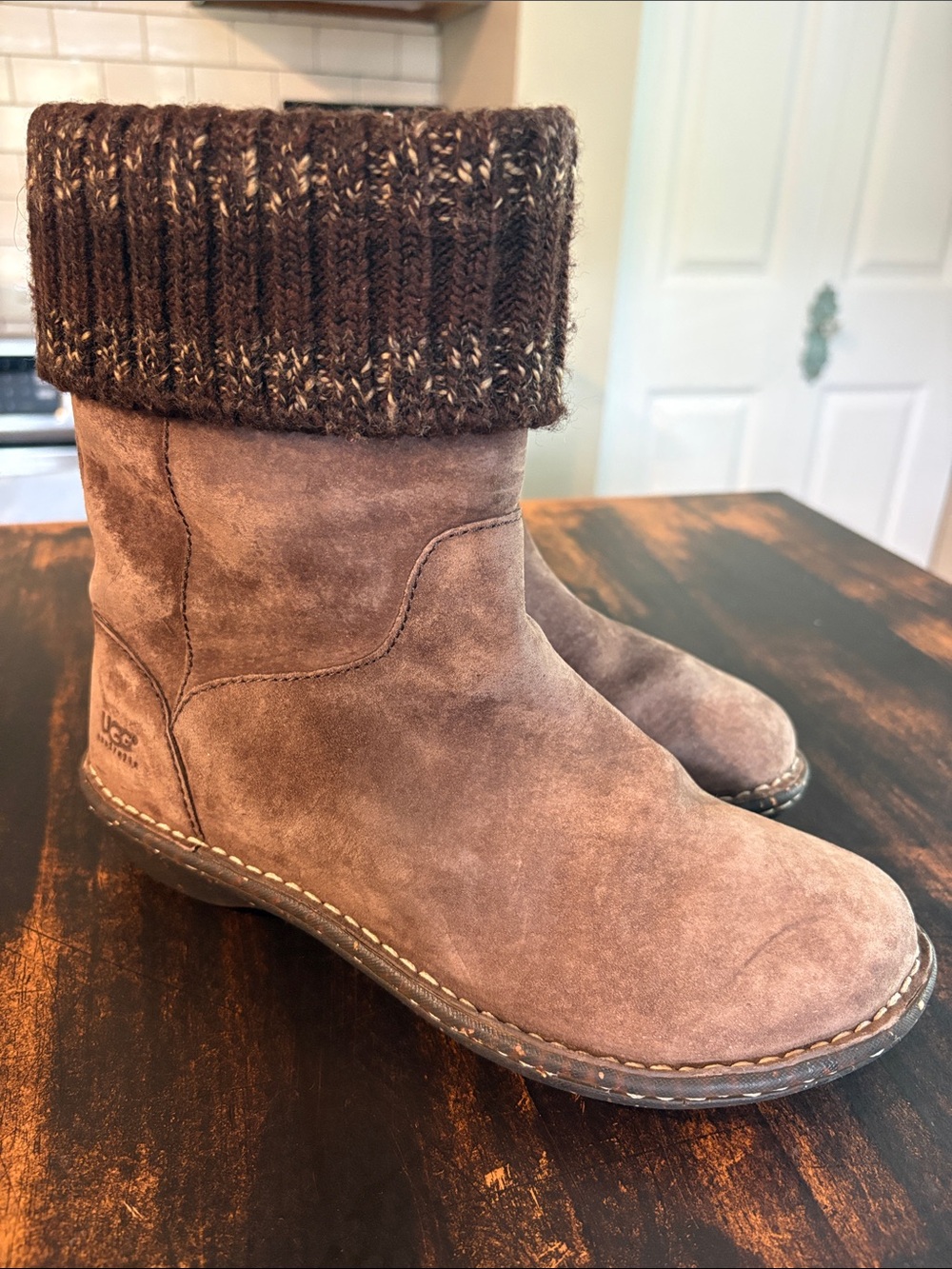 UGG Chestnut Suede Knit-Cuff Booties